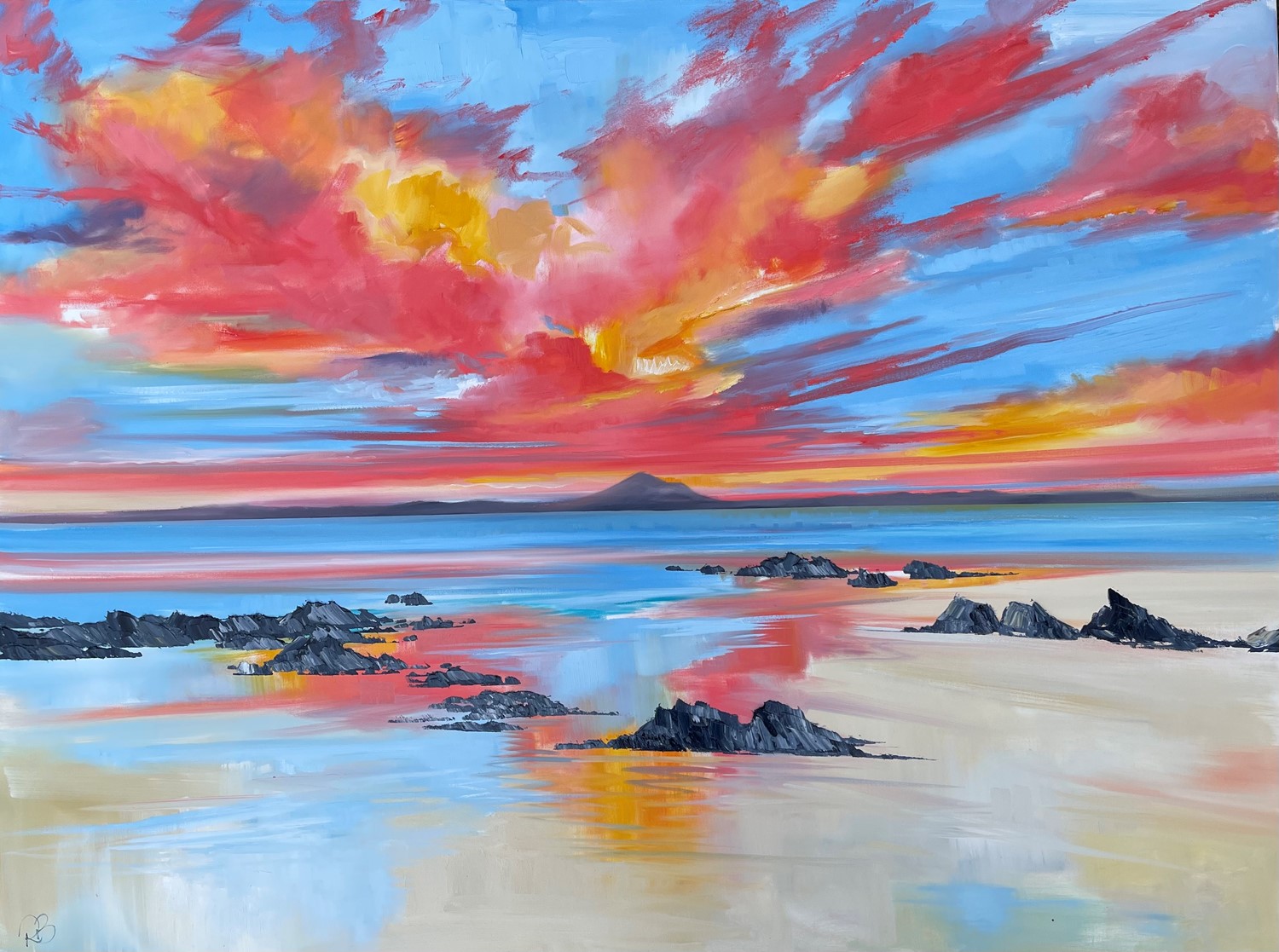 'Jura under a blazing pink sky' by artist Rosanne Barr